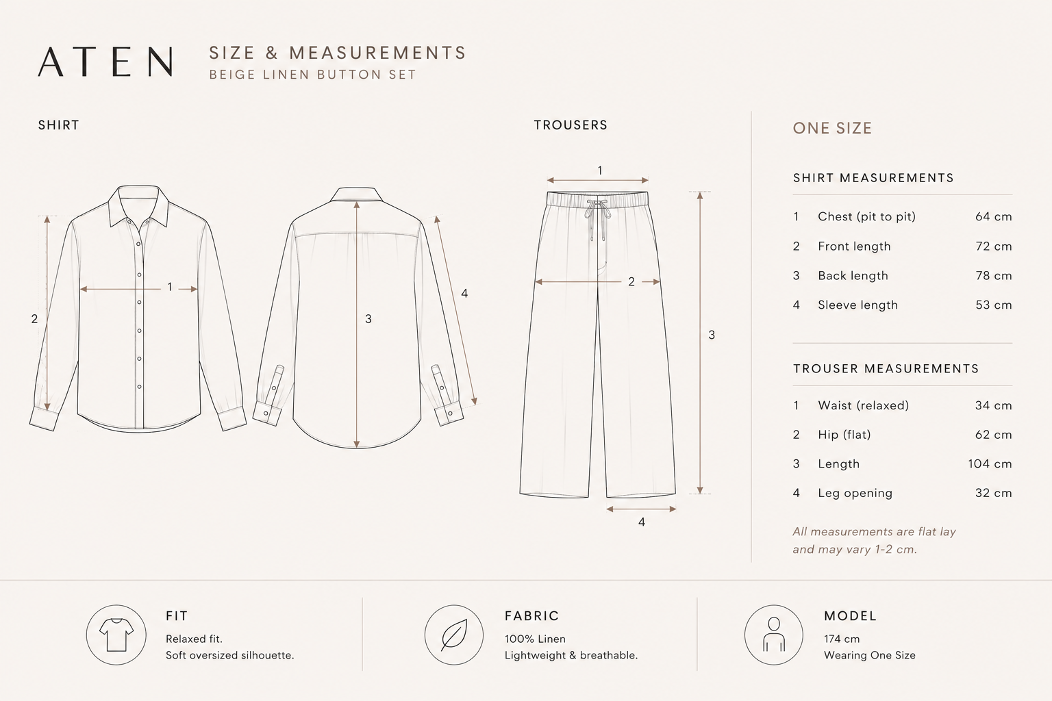 ATEN Beige Linen Button Set – Size Guide